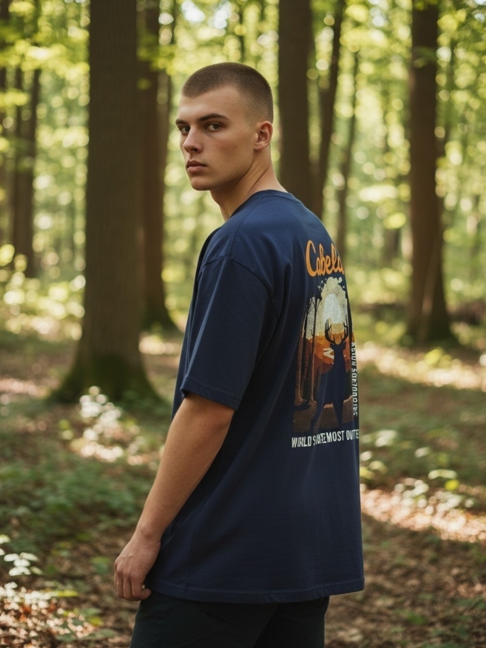 Cabela's Size L Men's Navy Tee with Sunset Deer Graphic On Back - Picture 2 of 12